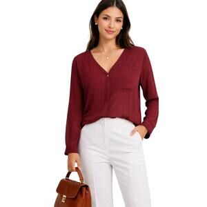 Vixbe Lolla Red Burgundy Long Sleeve Button Up Blouse V-neck pocket Sheer XXL
